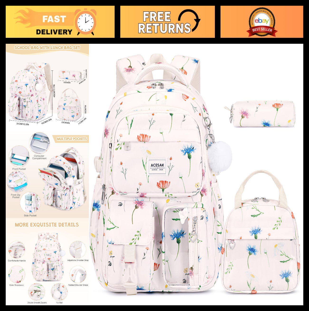 Stylish Girls Backpack with Lunch Bag & Pencil Pouch   Teen Laptop Bookbag, Beig0