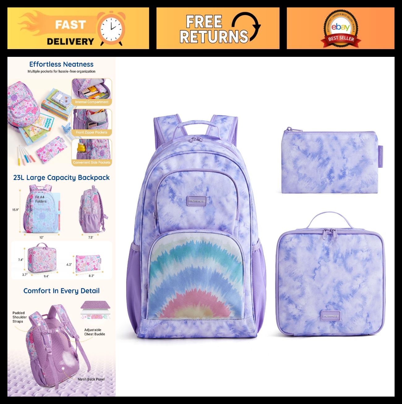 Kids Backpack Set 3PCS - Large Capacity 23L School Bag for Boys & Girls, Lightwe0