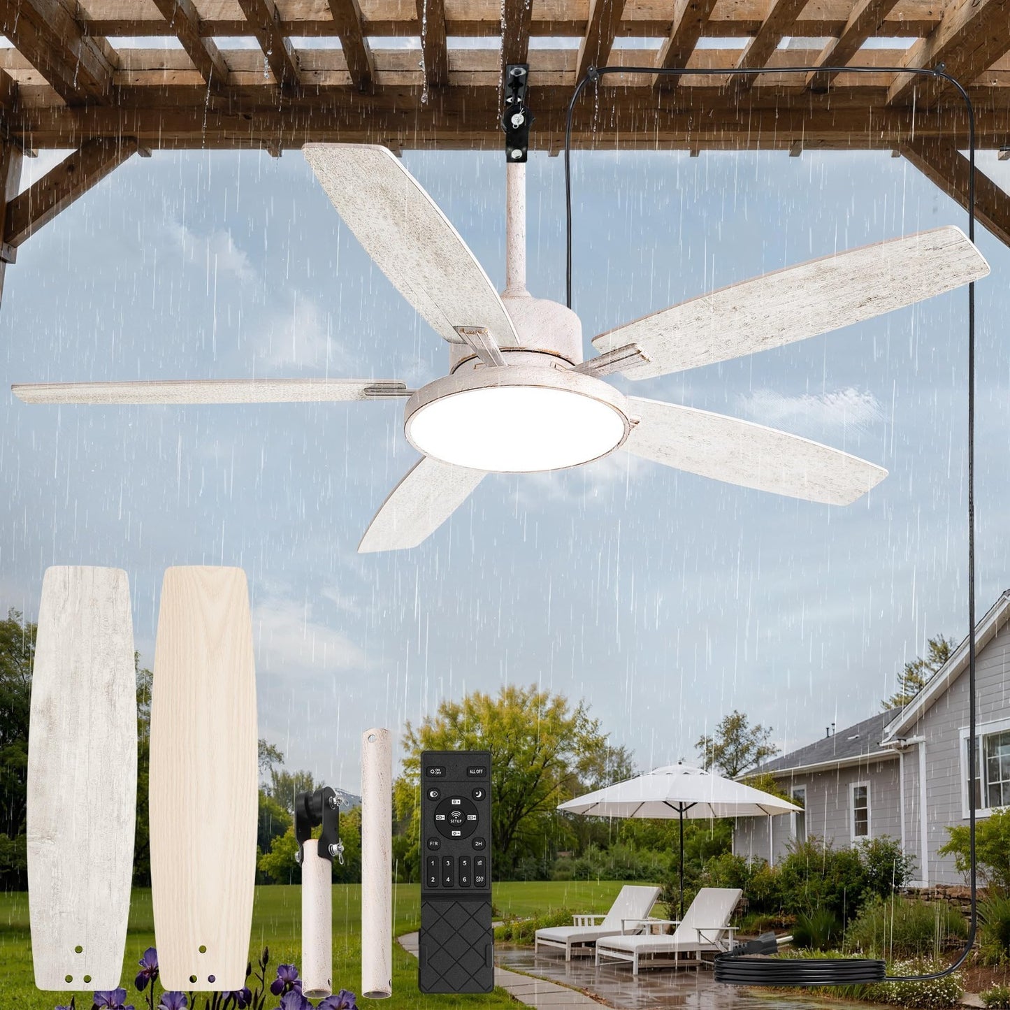 52" Waterproof Outdoor Ceiling Fan with Light, 6 Speed DC Motor for Patio, Gazeb1