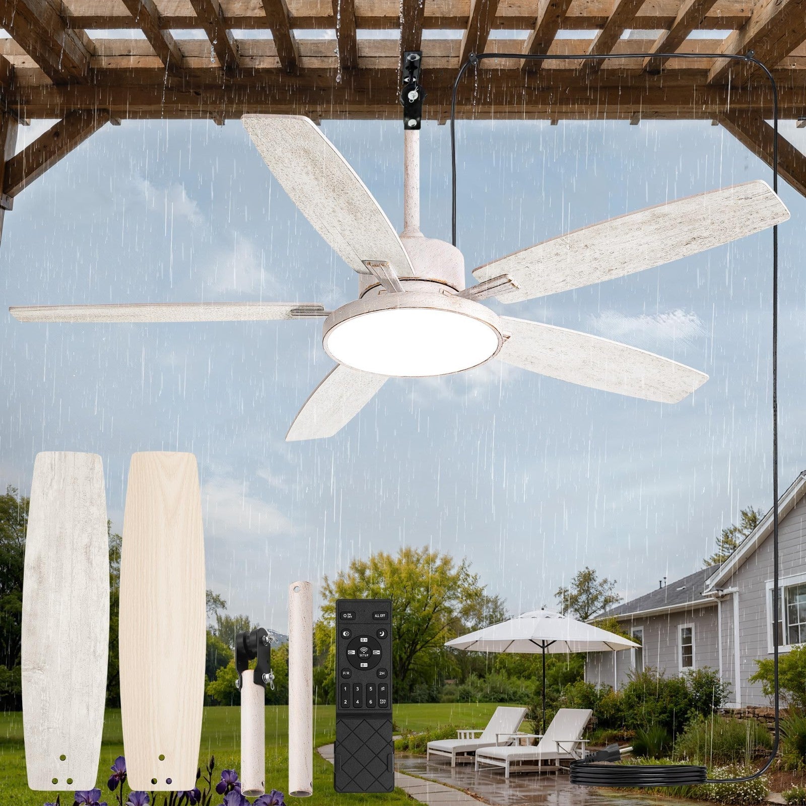 52" Waterproof Outdoor Ceiling Fan with Light, 6 Speed DC Motor for Patio, Gazeb1