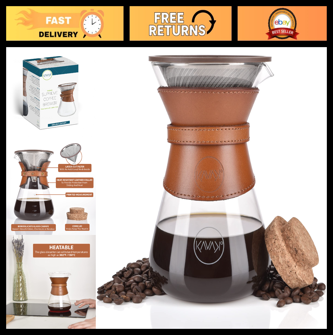 Pour Over Coffee Maker Set - Double-Layer Stainless Steel Filter, Borosilicate G0