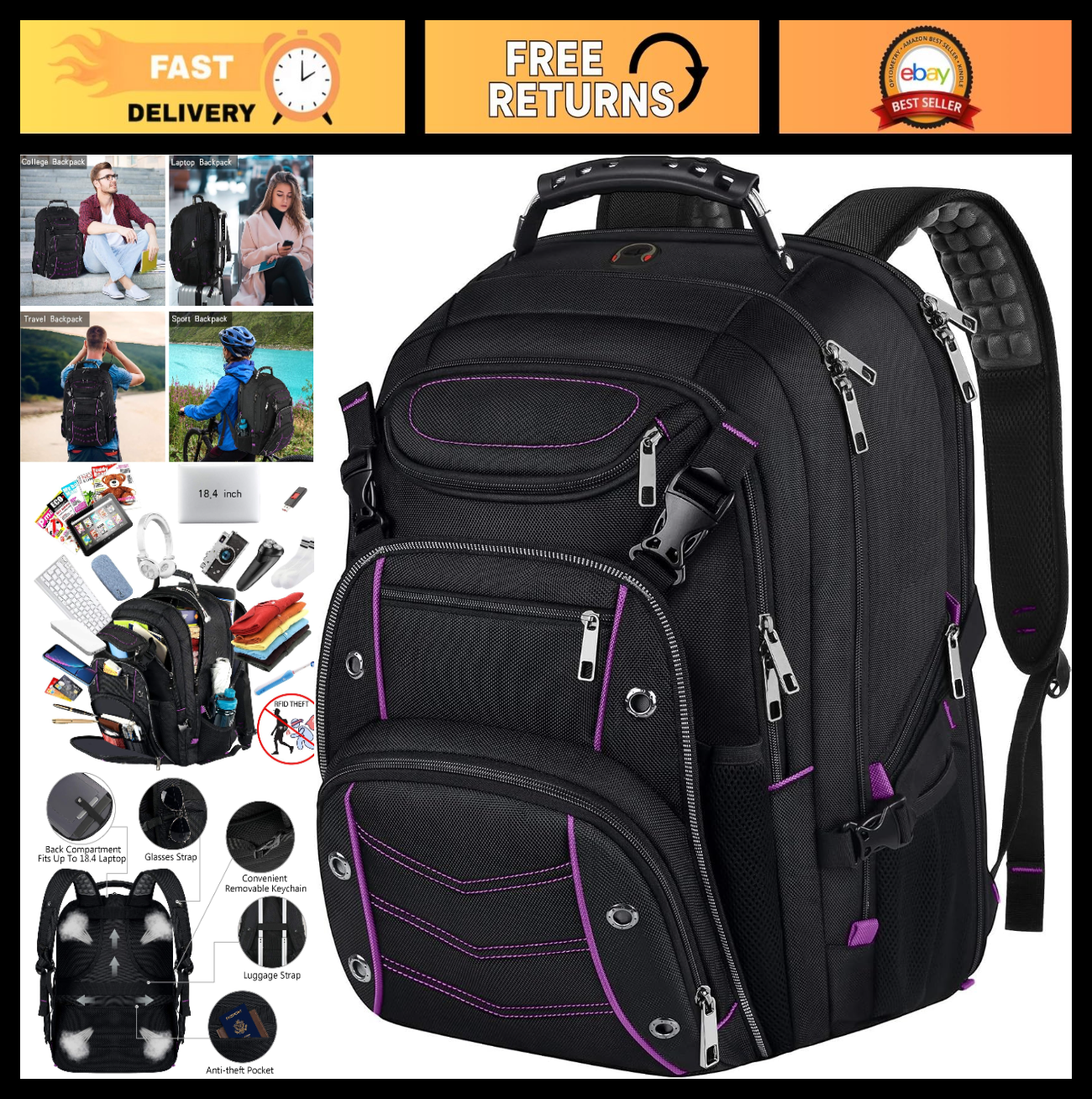 Unisex 18.4" Laptop Backpack, Purple RFID, College & Adult Use, Durable & Stylis0