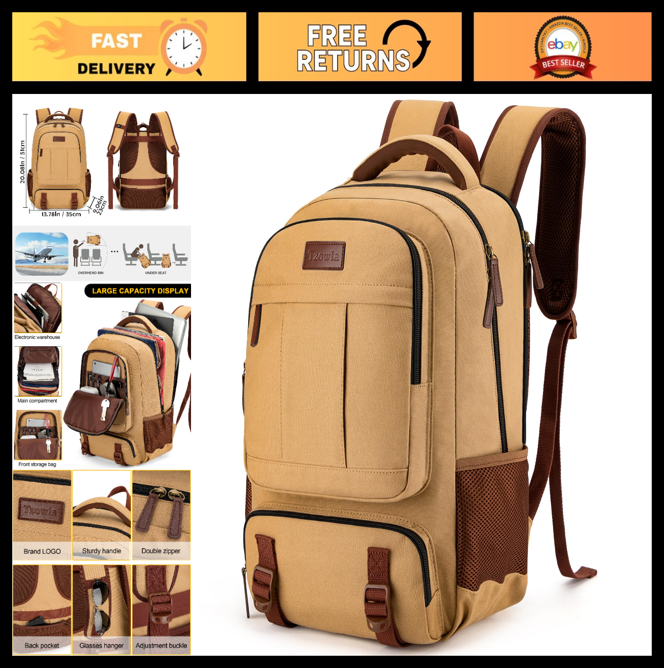 Large Capacity Canvas Laptop Backpack for Men & Women, Fits 17.3" Laptop, Travel0
