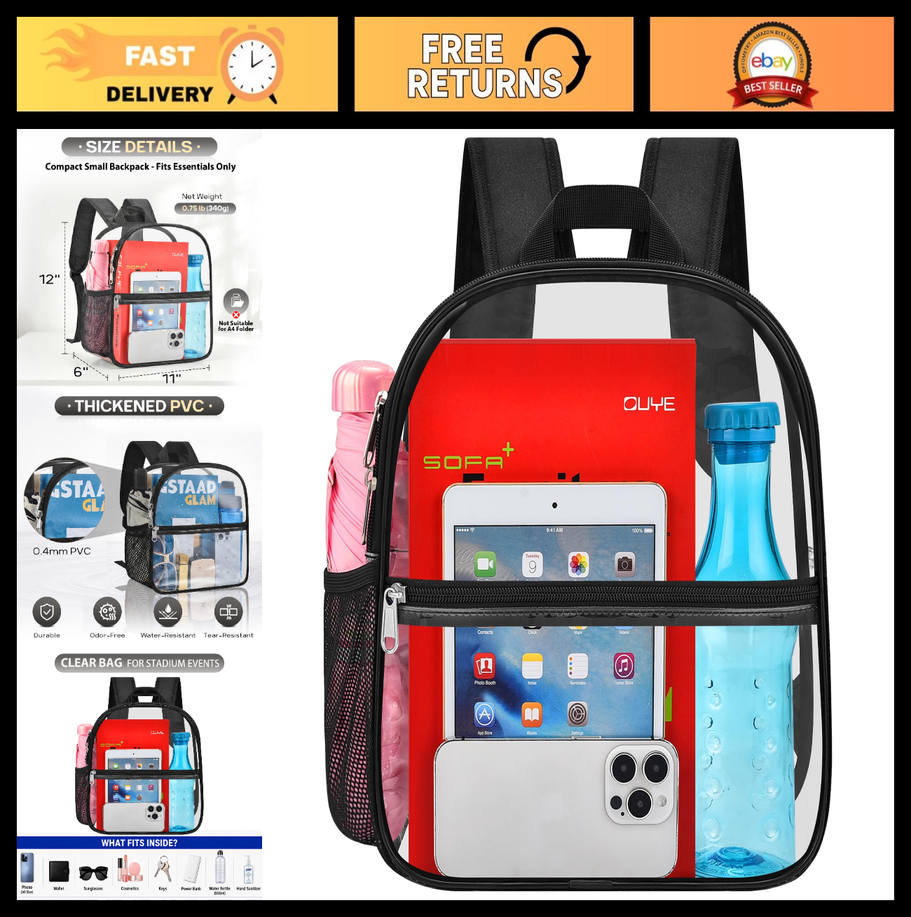 Clear Stadium Approved Backpack - Transparent 12"x6"x11" for Concerts & Events,0