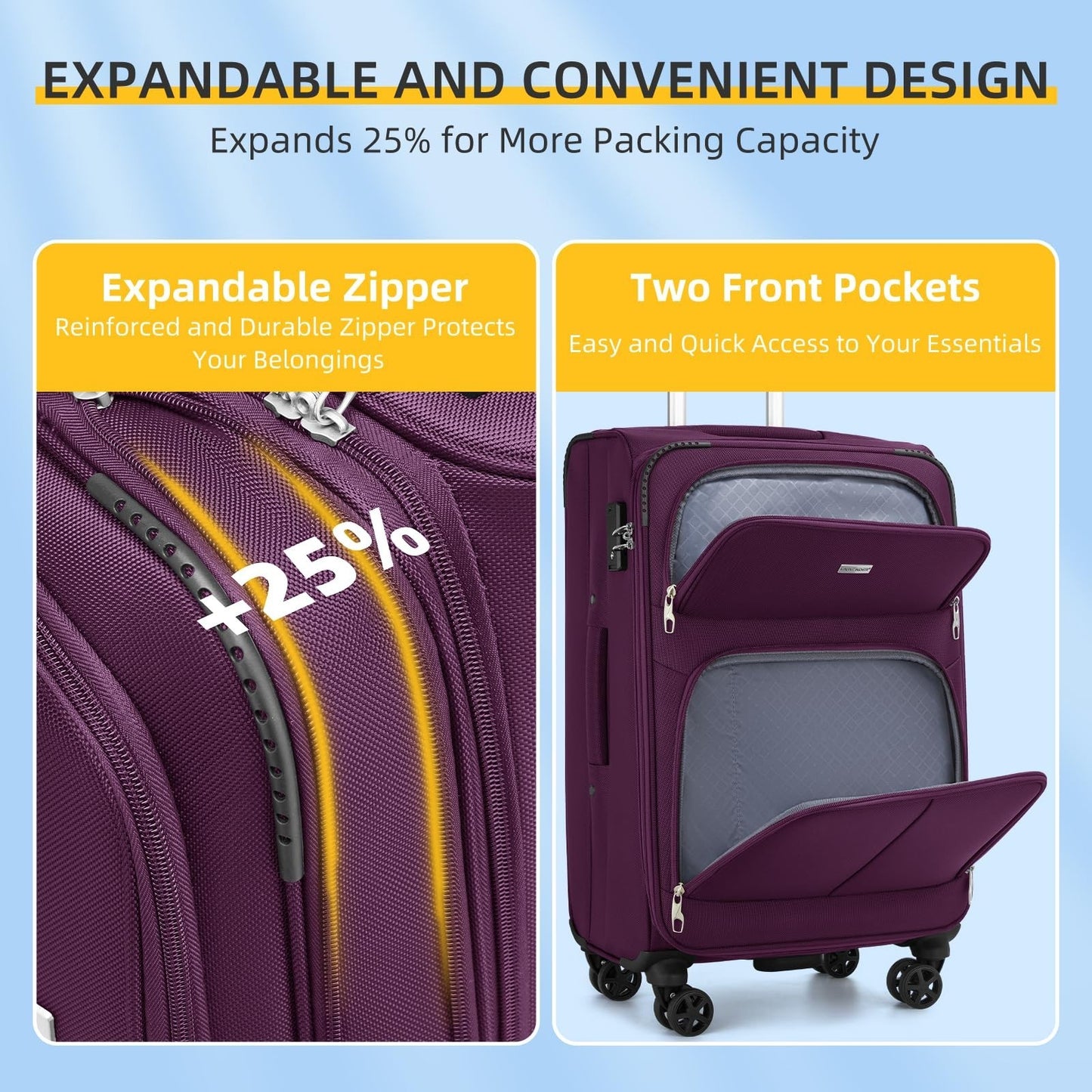 5-Piece Softside Luggage Set - Expandable Suitcases, Lightweight, 360° Wheels, T2