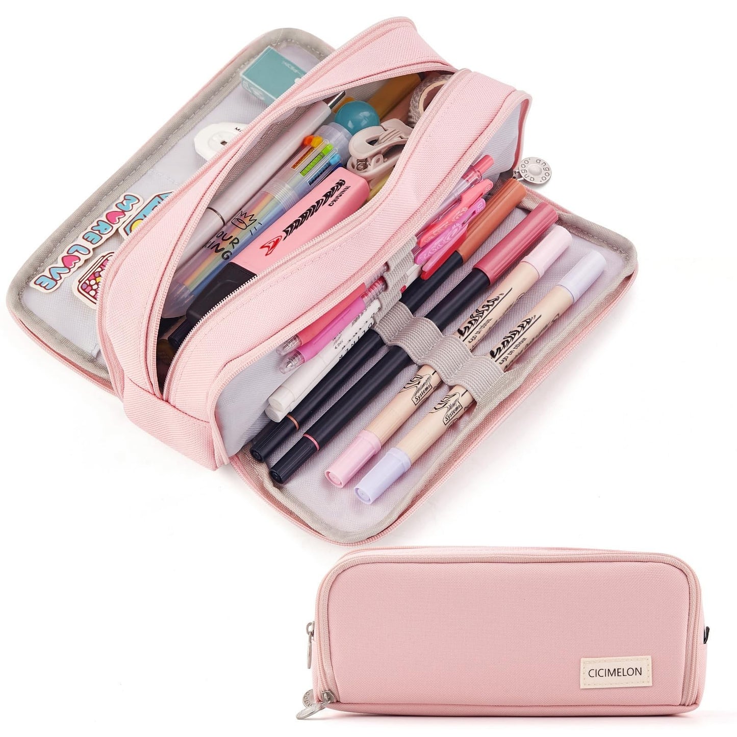 Large Capacity 3 Compartment Pencil Case Pouch for School, Teens & Adults   Pink1