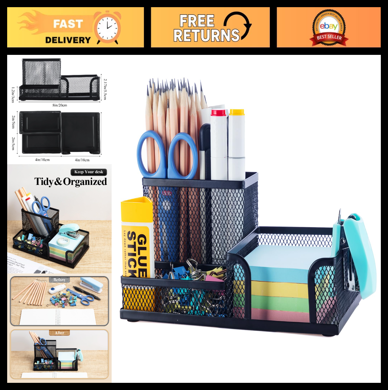 Mesh Pen Holder Desk Organizer   3 Compartment Metal Pencil Holder for Office &0
