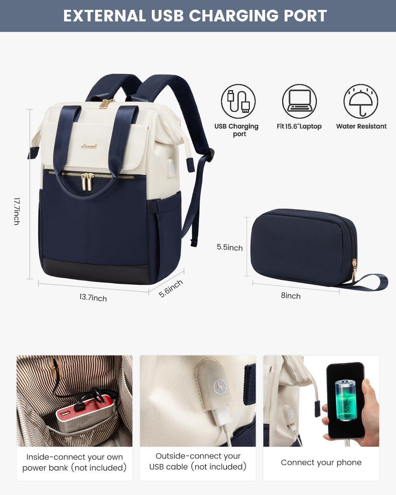 Stylish 15.6" Laptop Backpack for Women, USB Port, Waterproof Travel Bag, 2PCS2