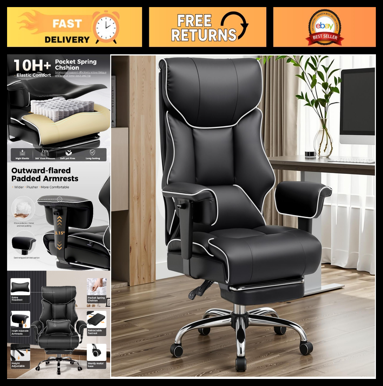 Big & Tall Gaming Chair 400lbs Heavy Duty Office Chair with Foot Rest, Ergonomic0
