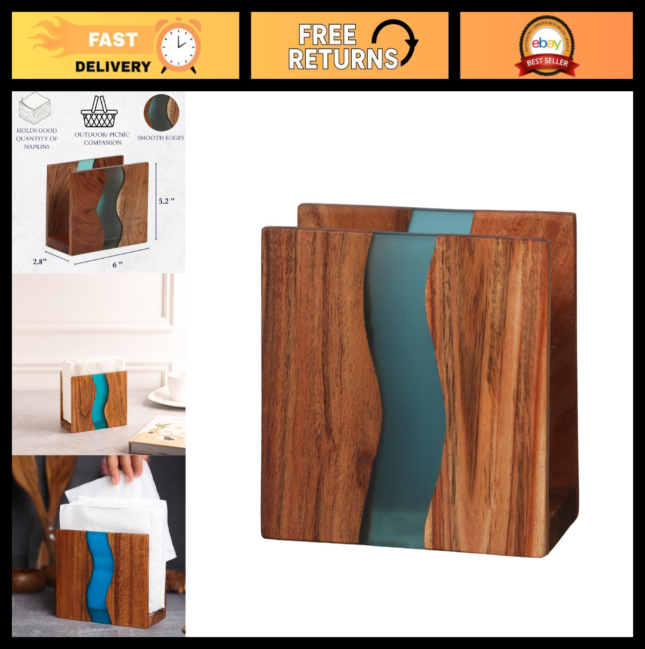 Rustic Acacia Wood Napkin Holder with Epoxy Resin - Farmhouse Table Organizer, 60
