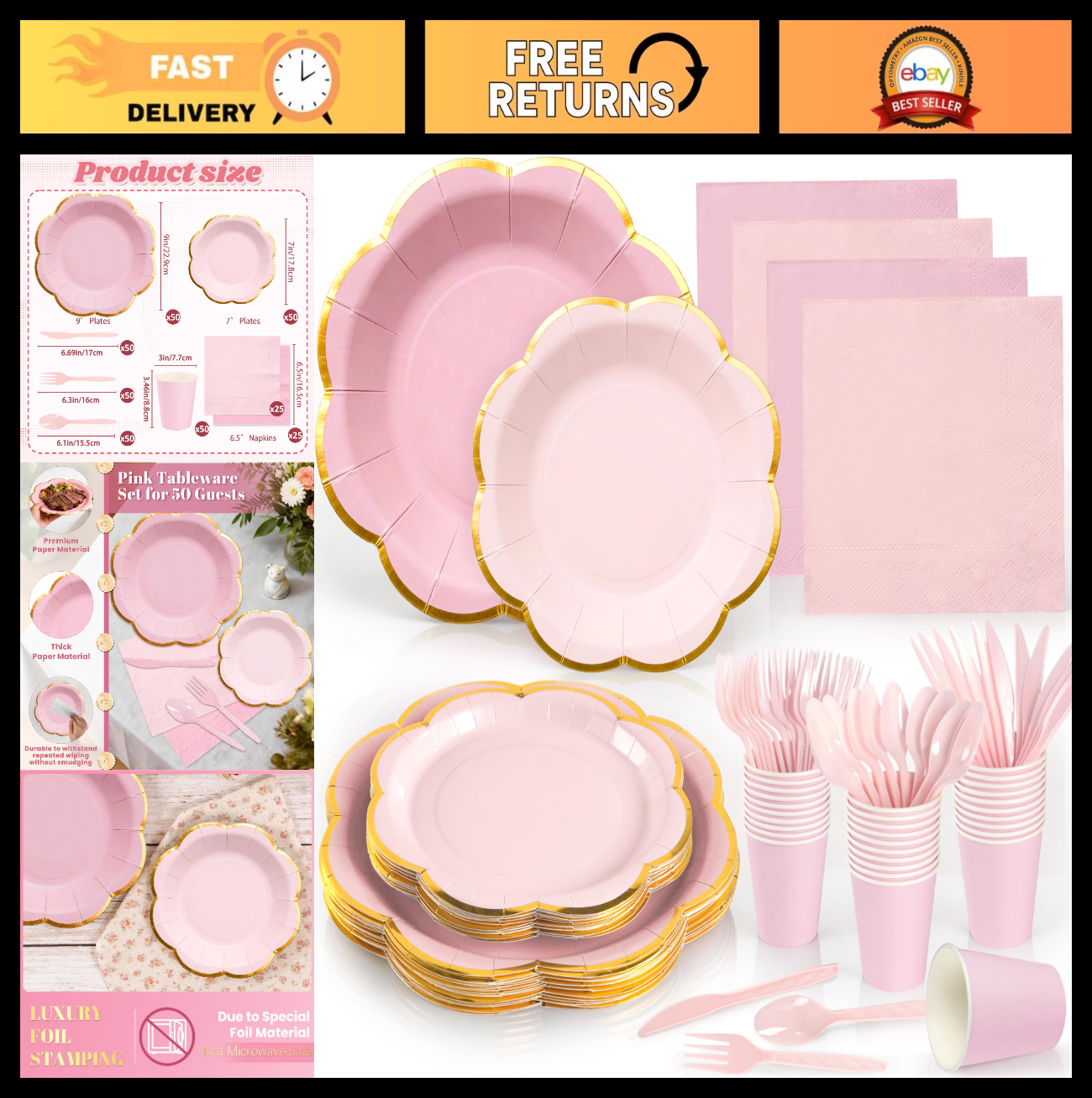 350 Pcs Pink Scalloped Paper Plates & Napkins Set for 50 Guests | Gold Rim Dispo0