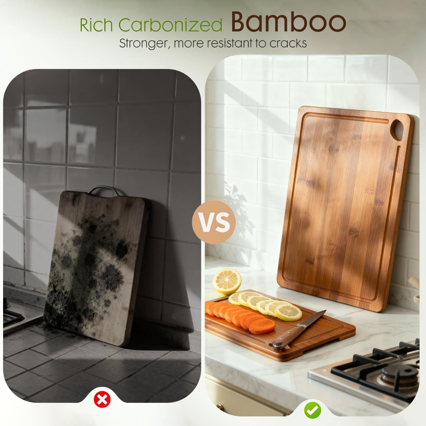 Reversible Bamboo Cutting Board Set with Juice Grooves & Easy Grip Handles   Kit8