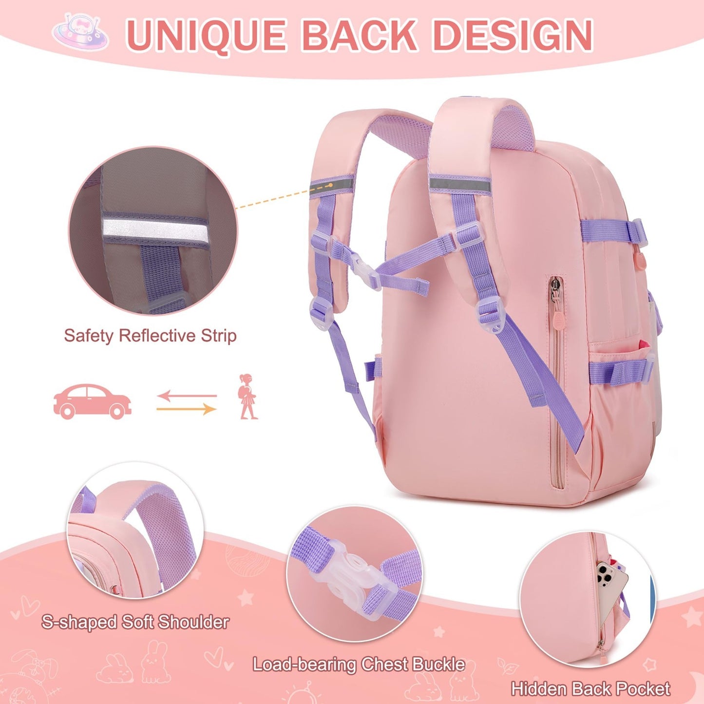 Kawaii Bunny Girls Backpack Set   3PCS School Bag with Lunch Box & Pencil Case,4