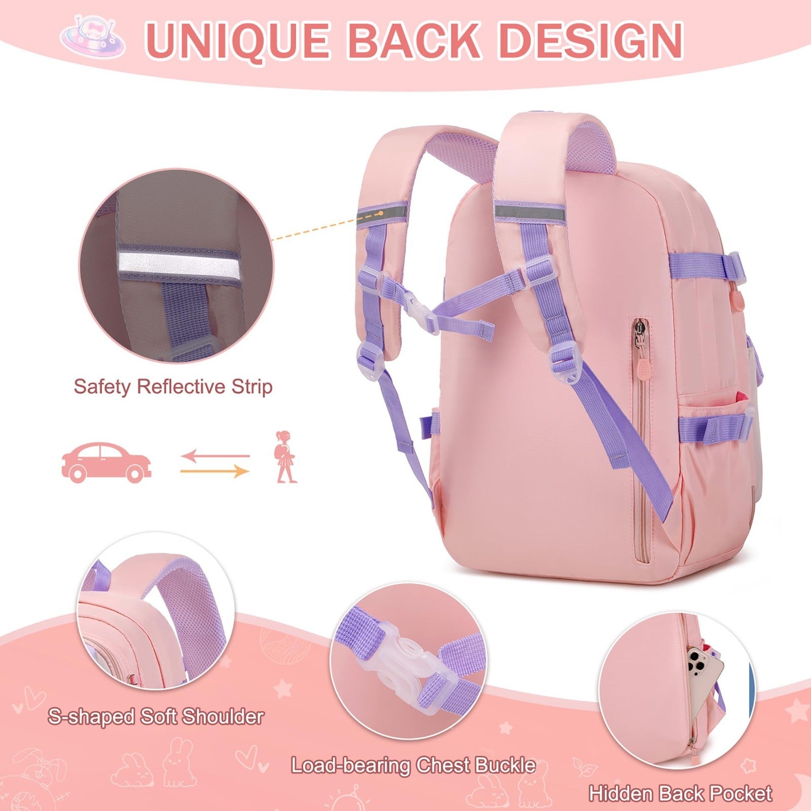 Kawaii Bunny Girls Backpack Set   3PCS School Bag with Lunch Box & Pencil Case,4
