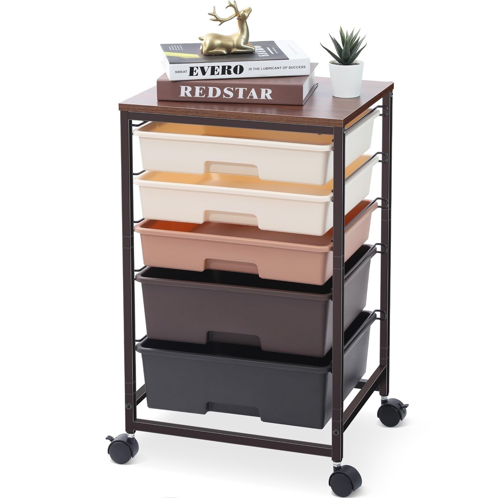 5 Drawer Utility Cart with Wooden Top & Lockable Wheels   Rolling Craft Trolley1