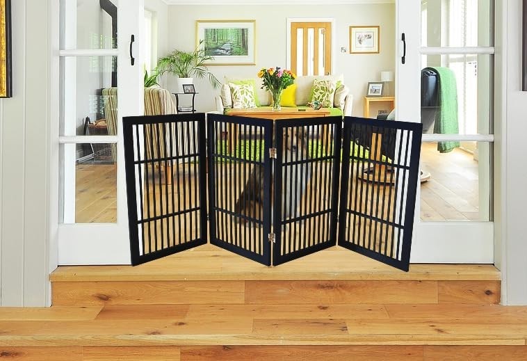Freestanding Wooden Pet Dog Gate - Durable Folding Safety Barrier, 4 Panel 30" T7