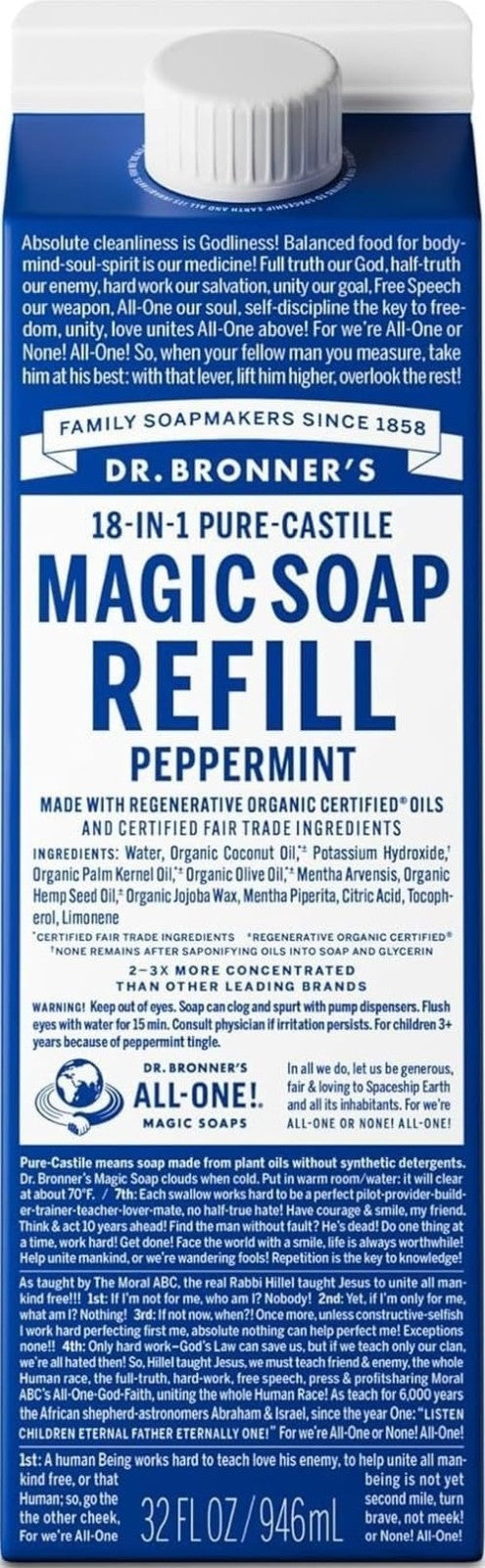 Pure-Castile Liquid Soap Refill - 18-in-1 Uses, Organic Oils, Peppermint, 32oz1