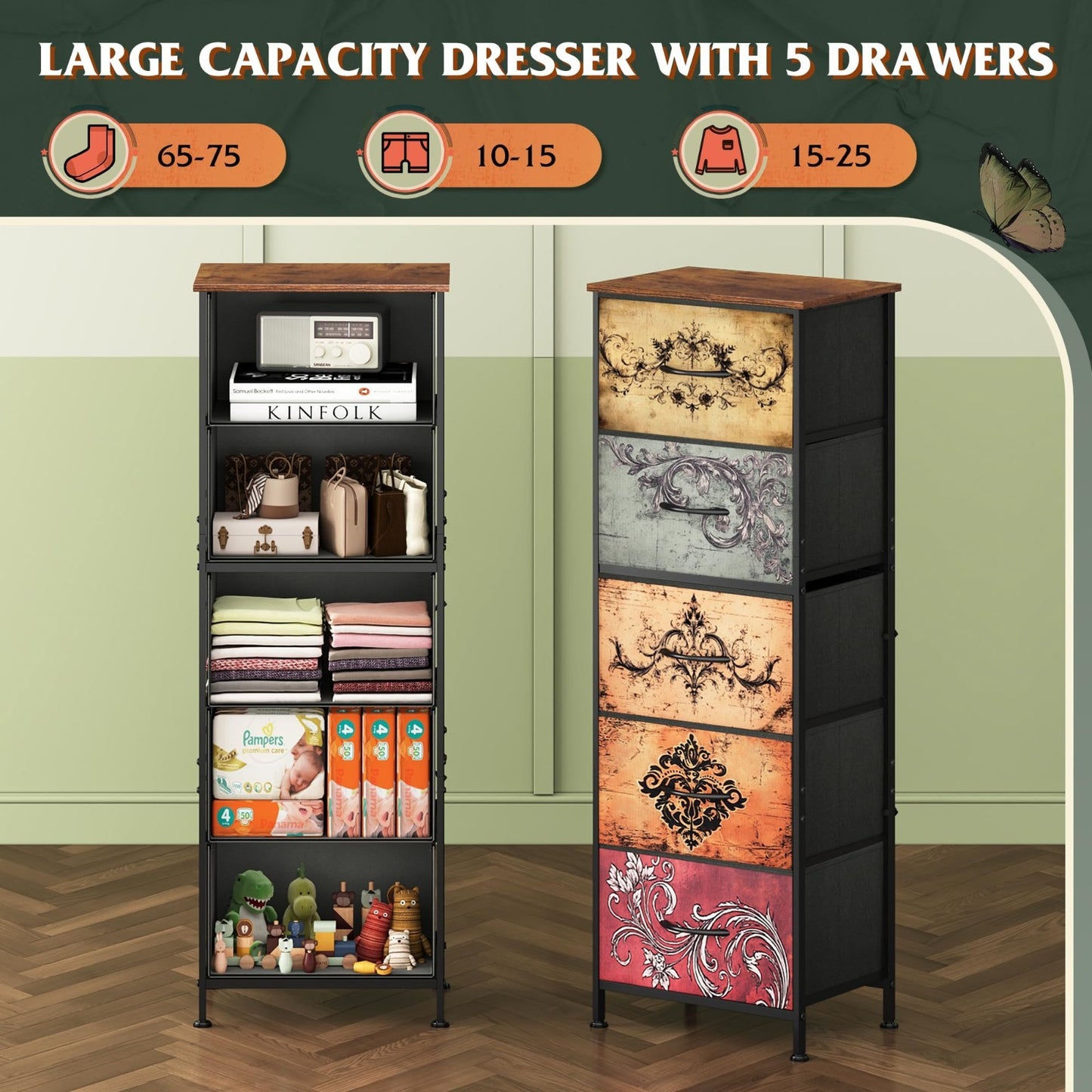 Tall 5-Drawer Dresser for Bedroom, Vertical Fabric Storage Chest, Space-Saving D3