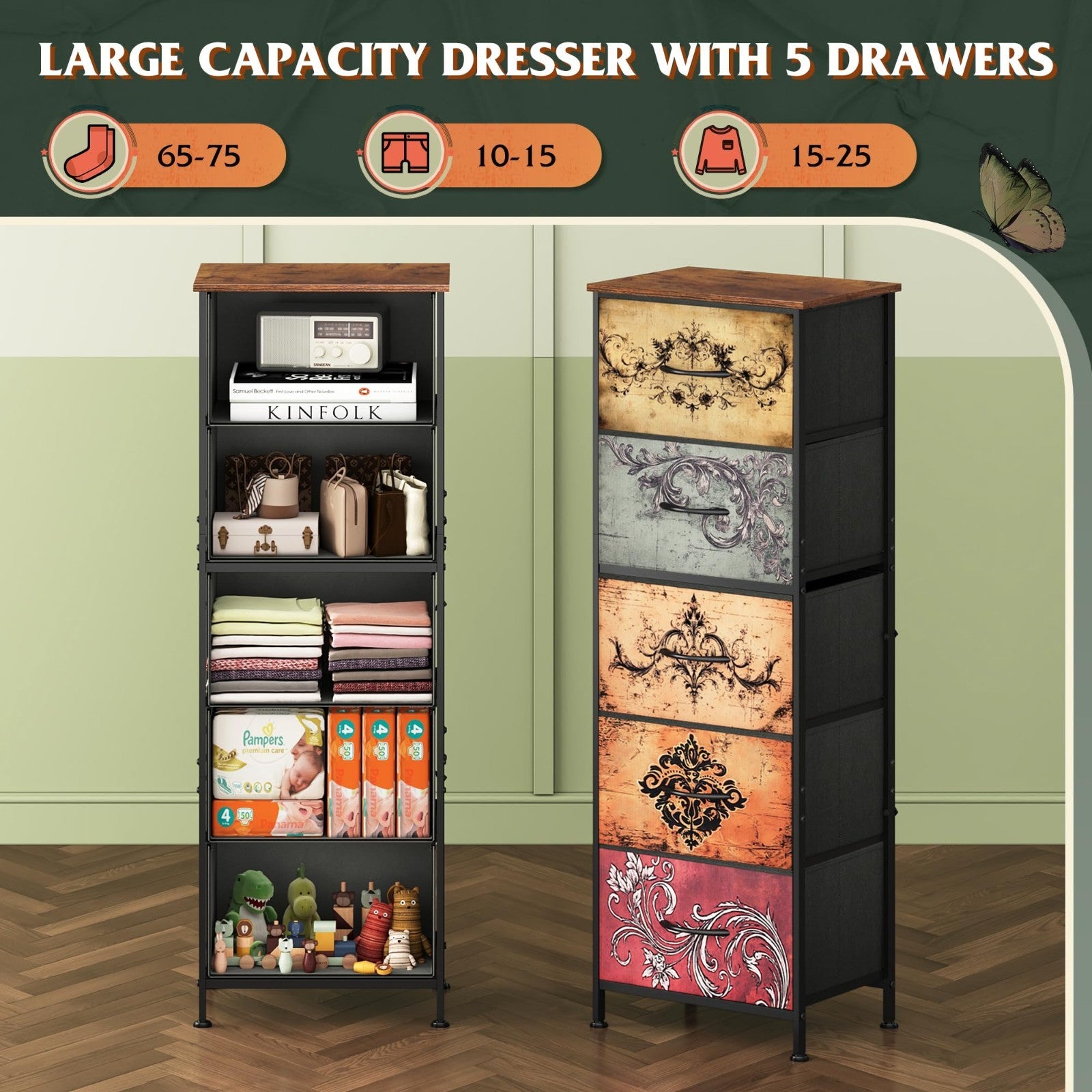 Tall 5-Drawer Dresser for Bedroom, Vertical Fabric Storage Chest, Space-Saving D3
