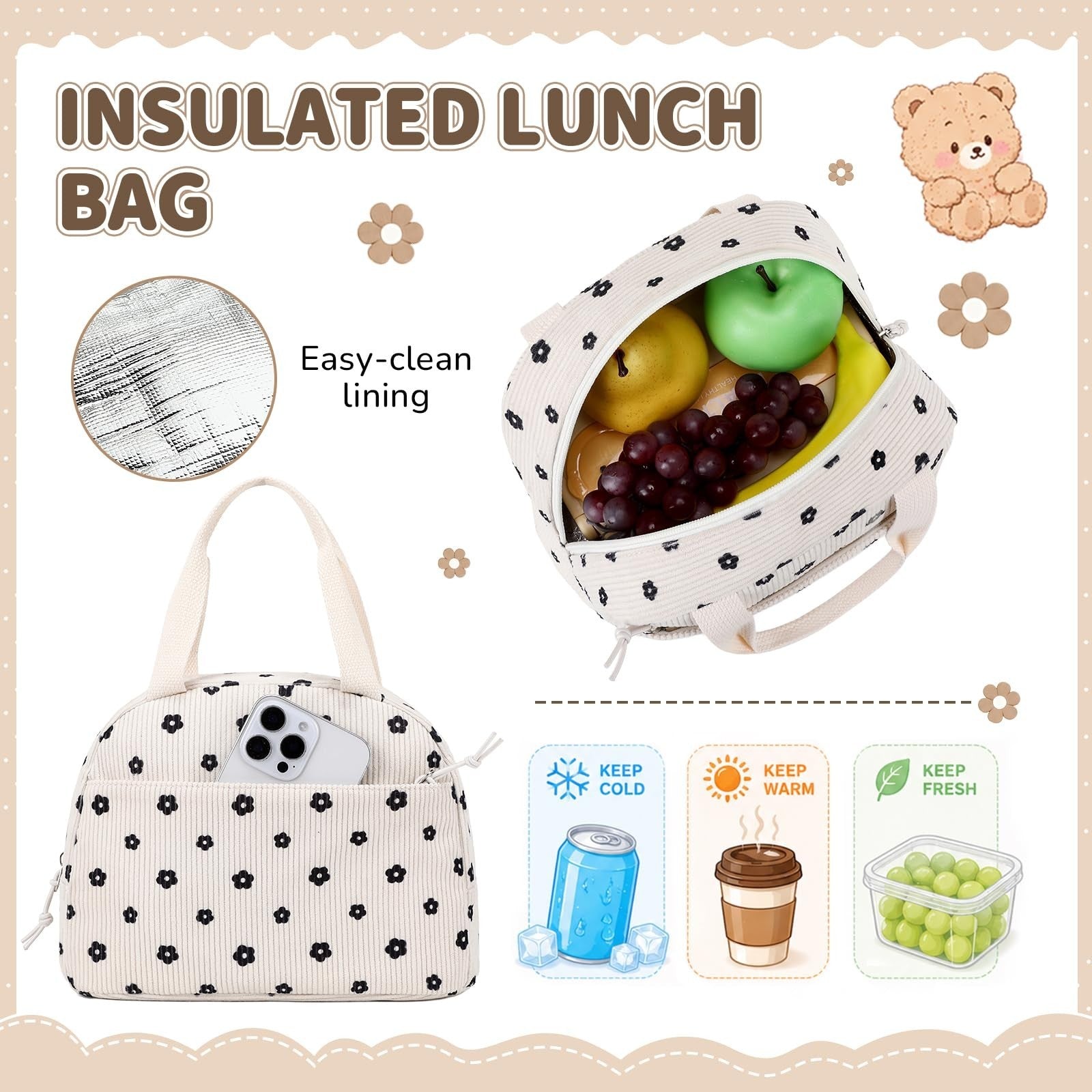 Kawaii Corduroy Backpack Set for Girls - 3PCS School Bag, Lunch Box & Pencil Cas7