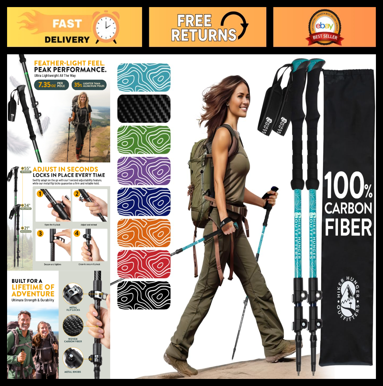 Lightweight Carbon Fiber Trekking Poles - Collapsible Hiking Sticks with Cork Gr0
