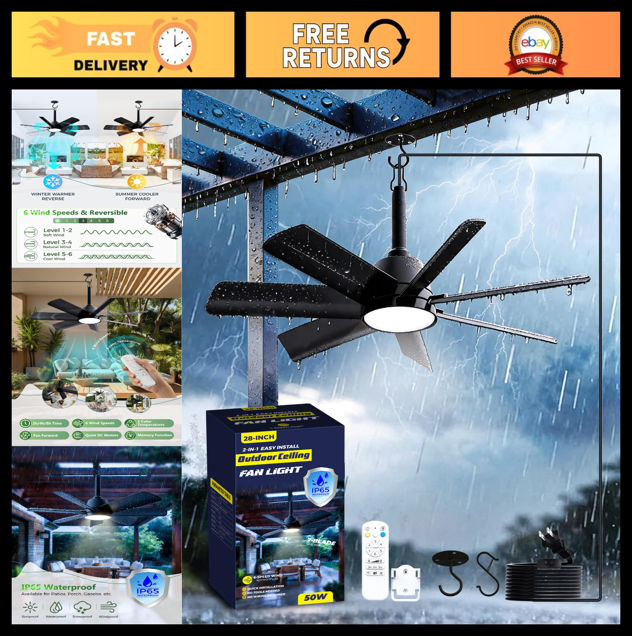 28" Outdoor Ceiling Fan with Light & Remote   Waterproof, 6 Speed, Dimmable, Por0