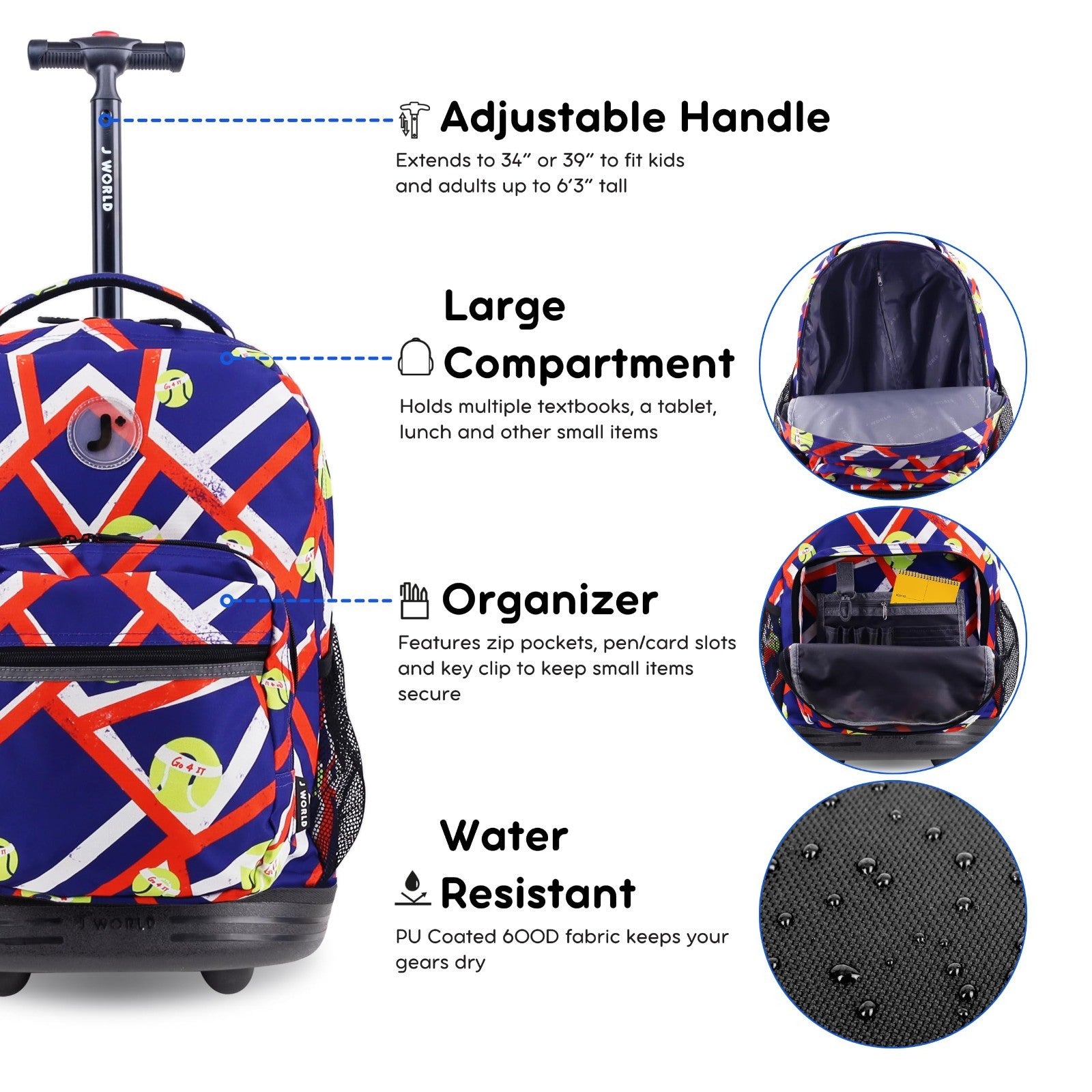 Kids Rolling Backpack with Wheels, 18" School Bookbag for Boys & Girls, Tennis D4