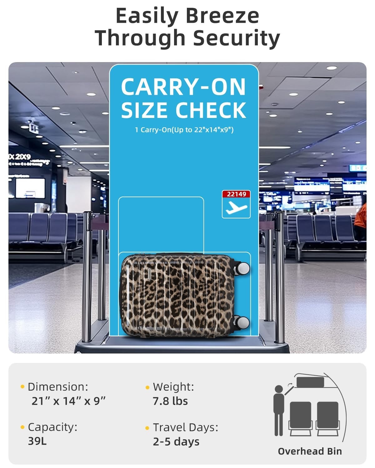 3-Piece Carry-On Luggage Set, 20" Suitcase with Wheels, Lightweight Leopard Prin3