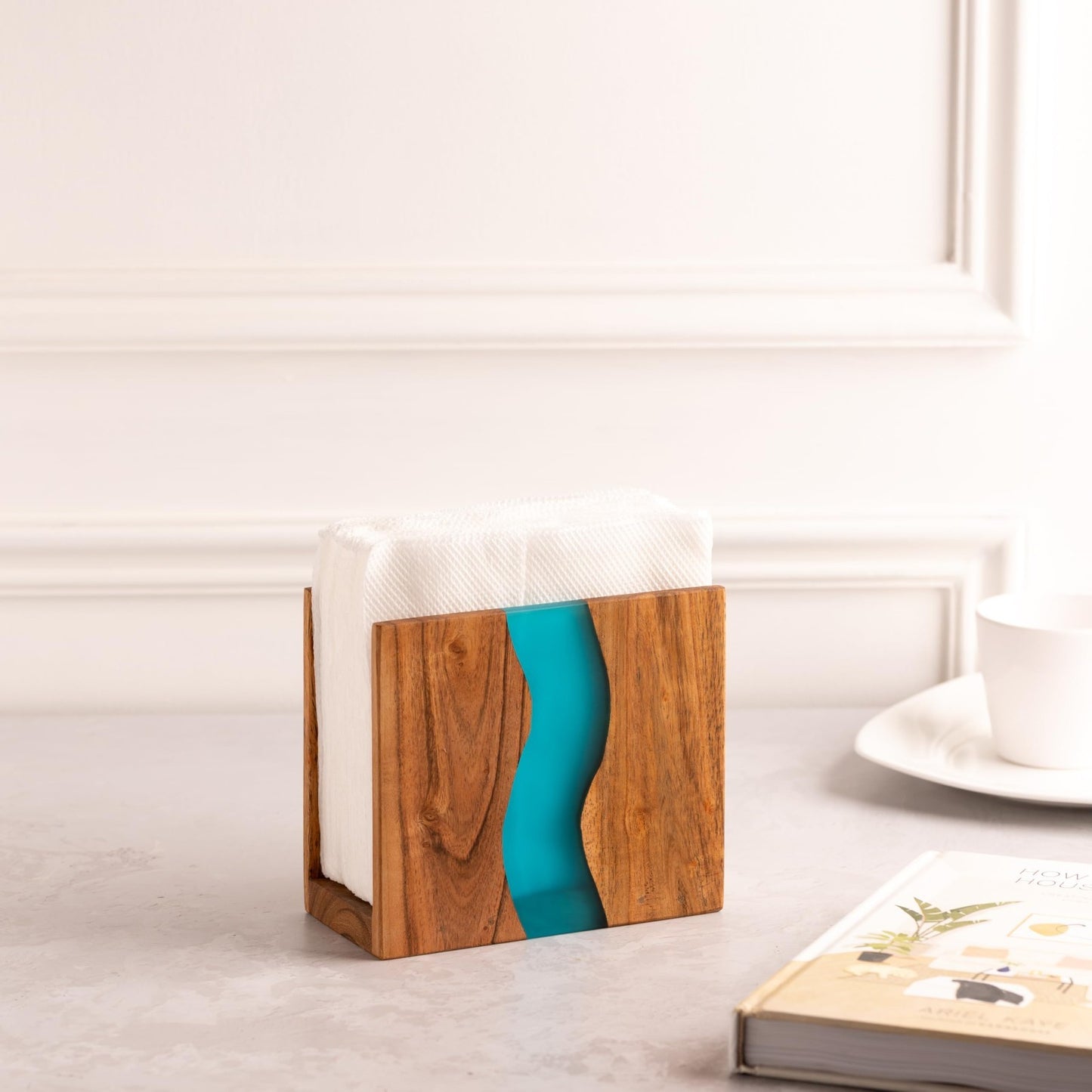 Rustic Acacia Wood Napkin Holder with Epoxy Resin - Farmhouse Table Organizer, 63