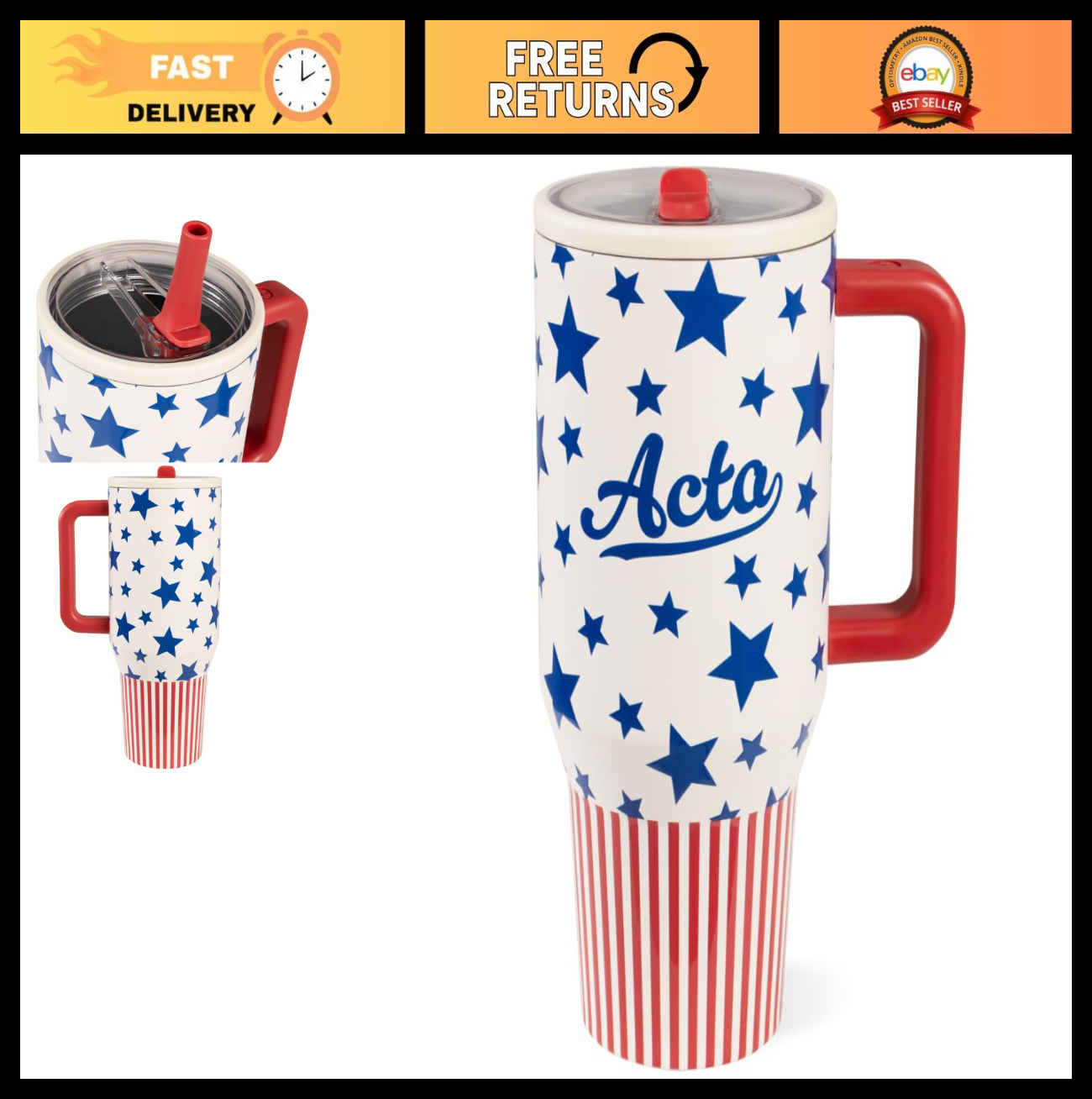 40oz Insulated Tumbler with Handle & Straw, Travel Mug, Americana Design0