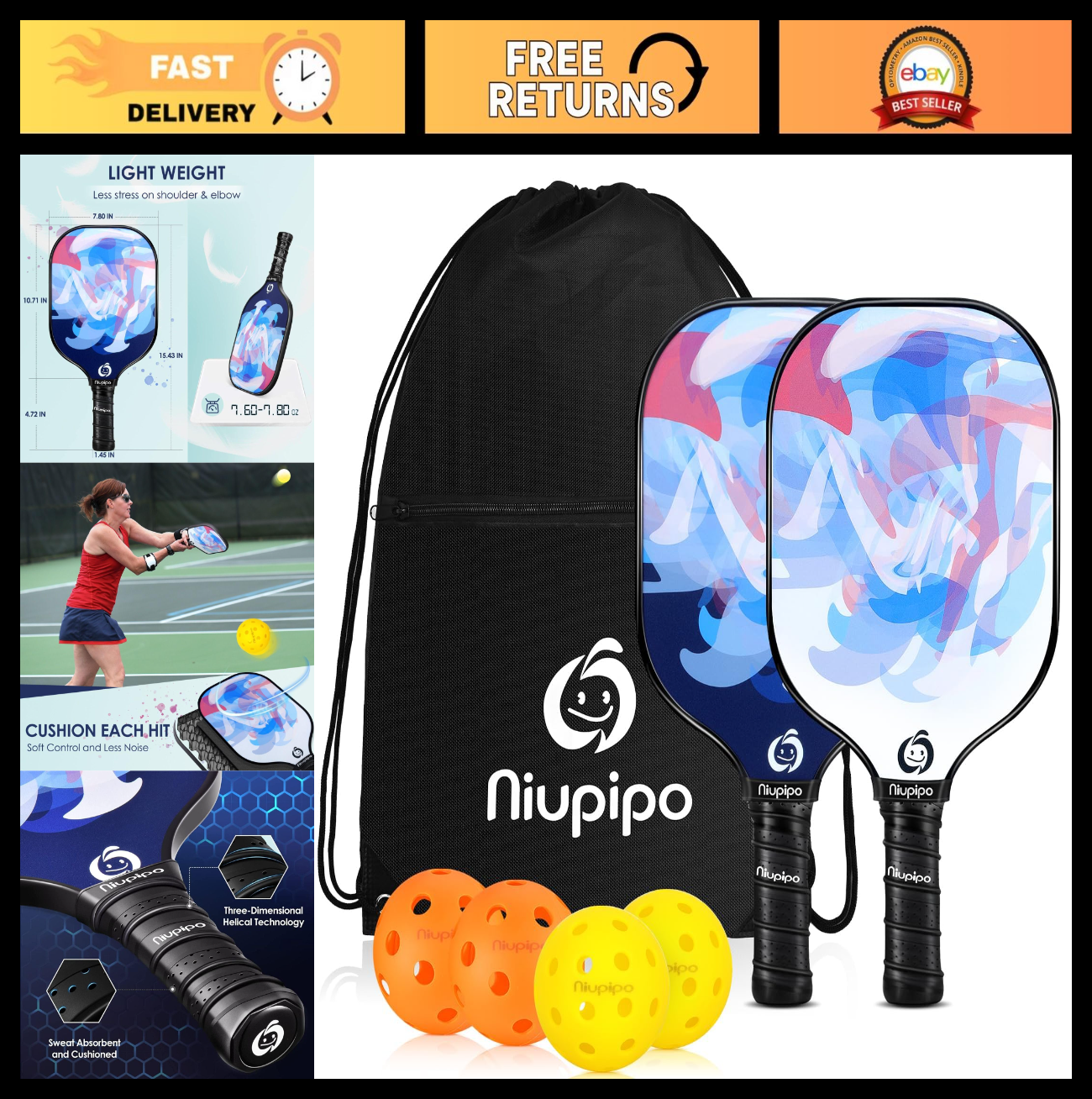 USAPA Approved Pickleball Paddle Set 2 or 4 - Fiberglass, Lightweight, Includes0