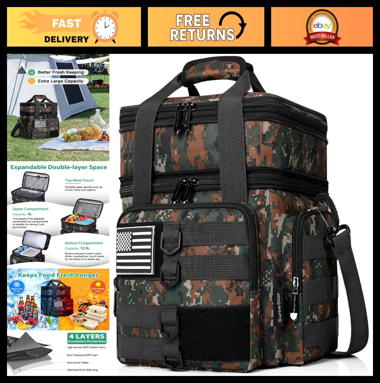 Tactical Insulated Lunch Bag - Heavy Duty Expandable Cooler for Work, Camping, C0