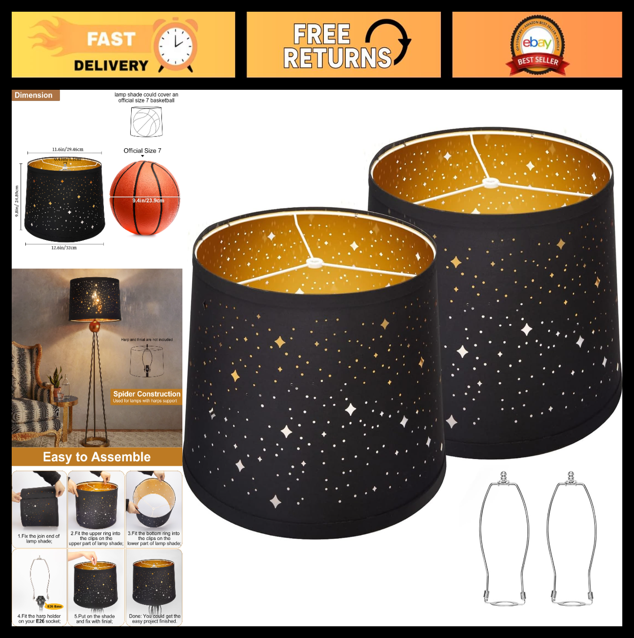 Set of 2 Black Drum Lampshades with Sky Stars Design | 11.6" x 12.6" x 9.8" | Fa0