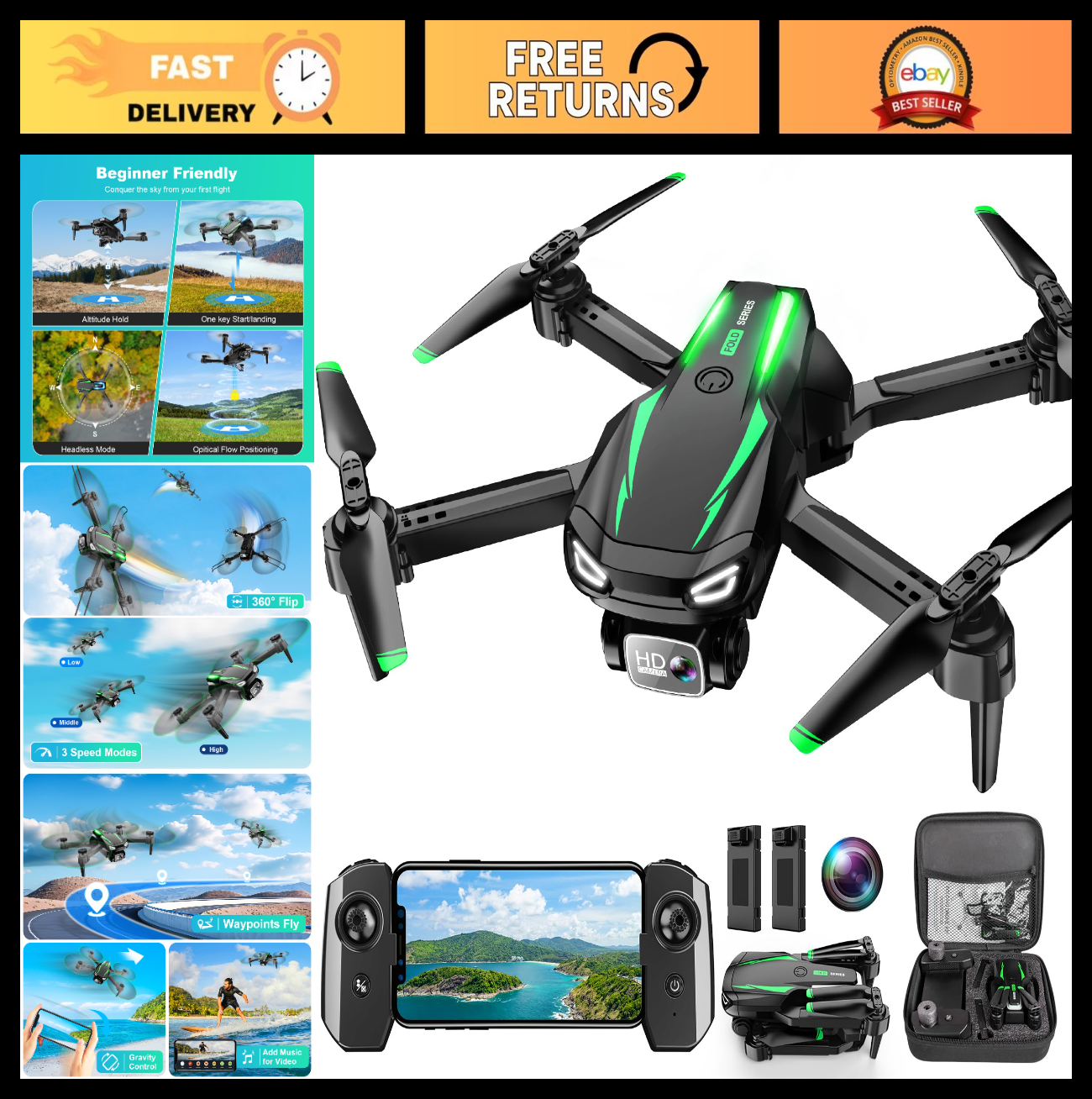 Foldable Drone with 1080P HD Camera, Mini Quadcopter for Beginners, 2 Batteries,0