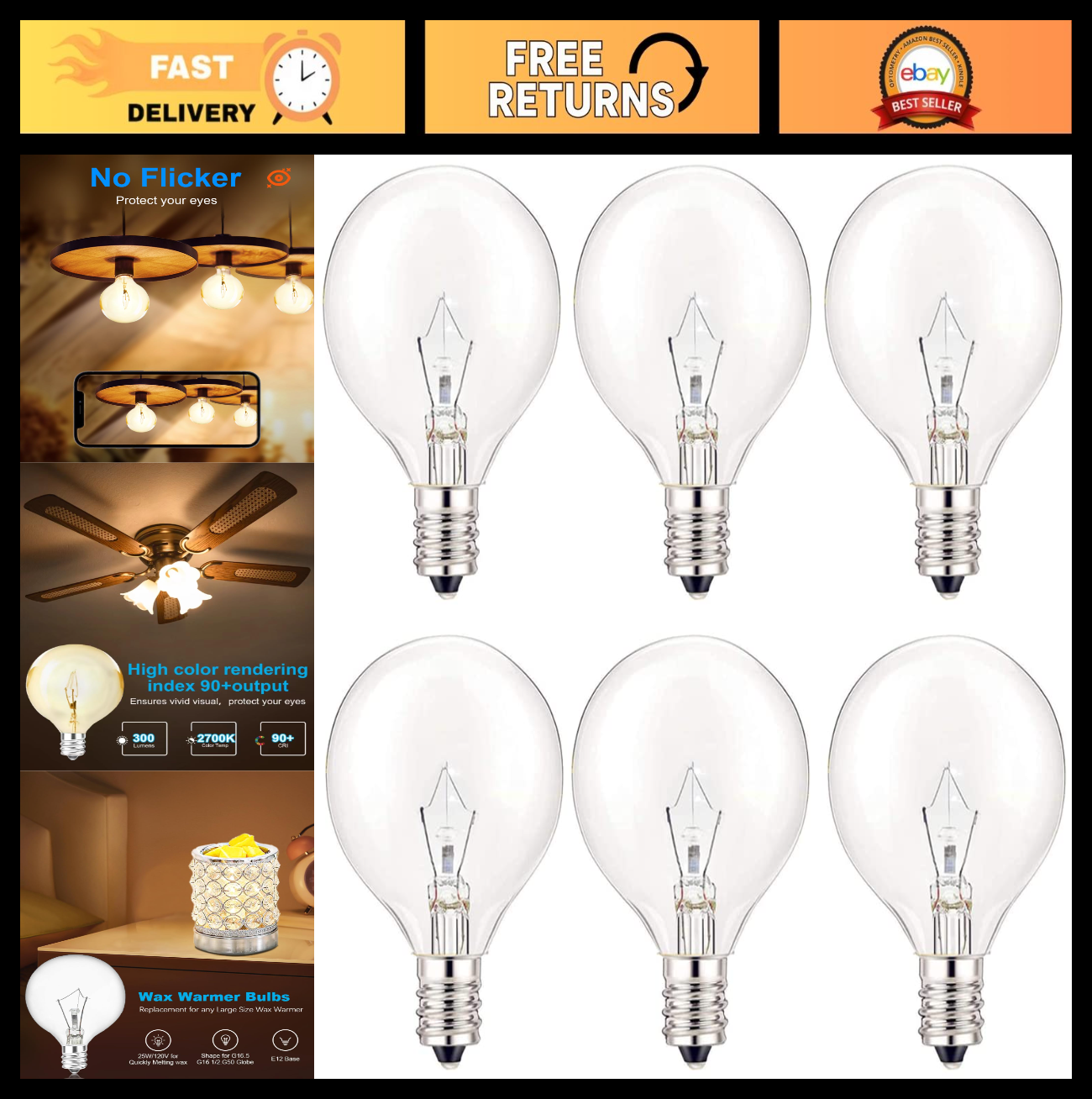 30W G50 Wax Warmer Bulbs E12 Base G16.5 Clear Globe 6 Pack for Candle Warmers0