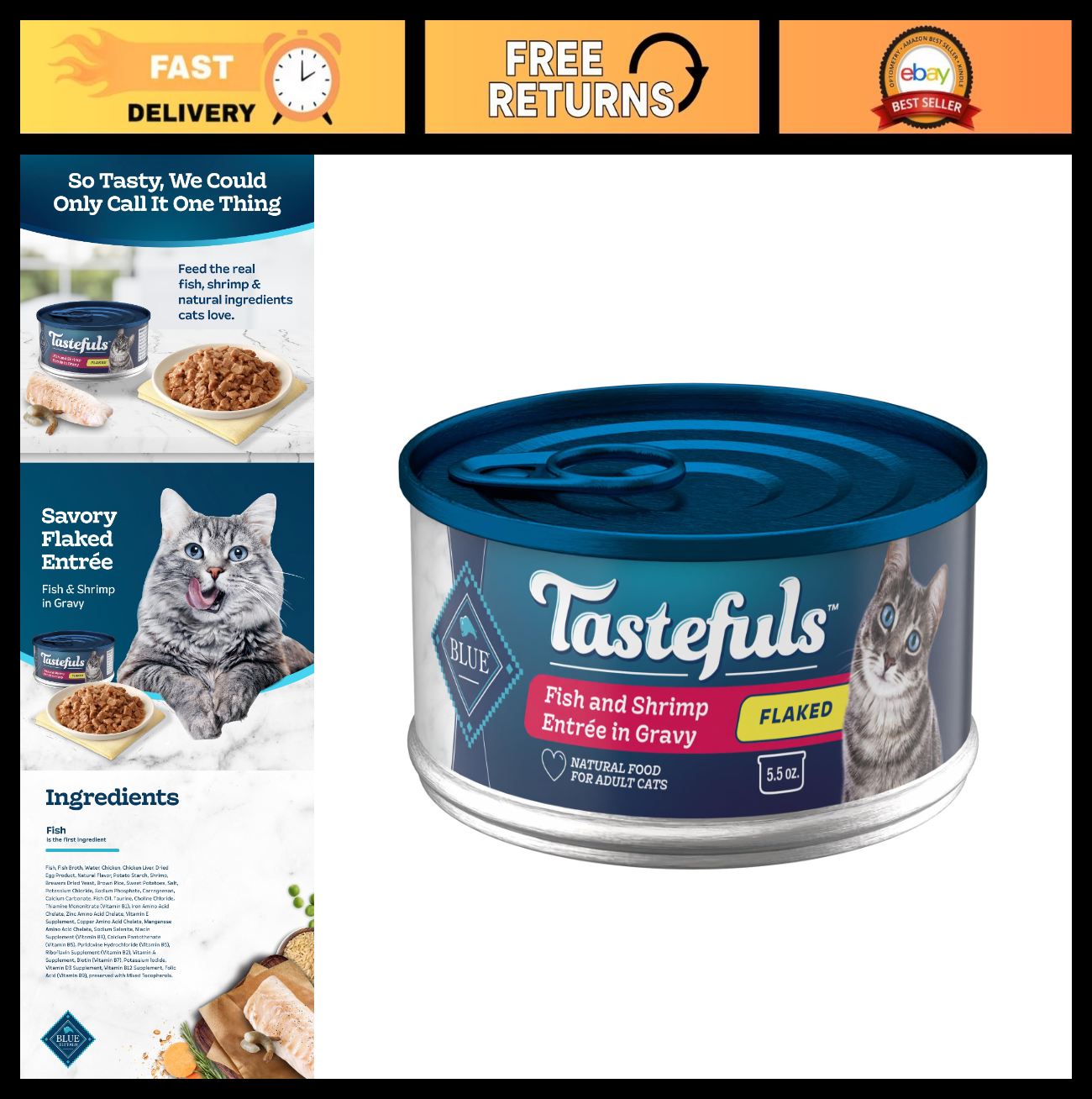 Flaked Wet Cat Food with Fish & Shrimp, 5.5 oz Cans, 24 Pack   Grain Free, High0