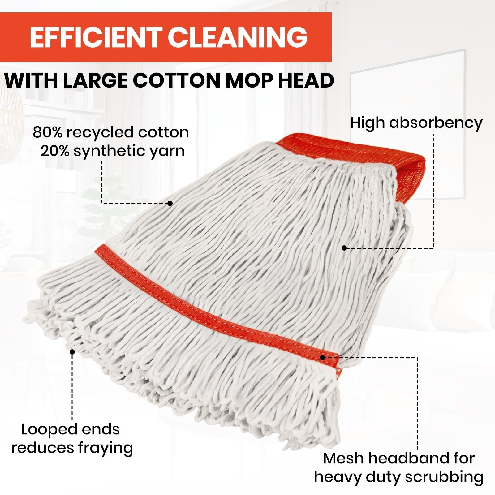 6PK Heavy Duty Cotton Mop Head Refills, Highly Absorbent Industrial Wet Mop for2