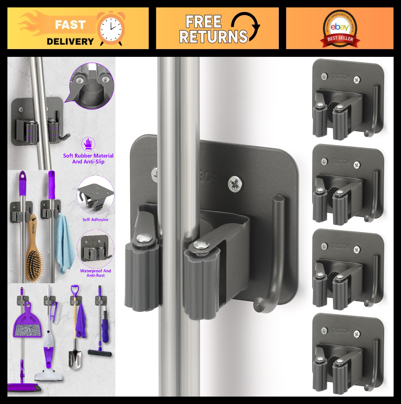 Stainless Steel Broom Holder Wall Mount Rack - Mop & Tool Organizer Storage Solu0