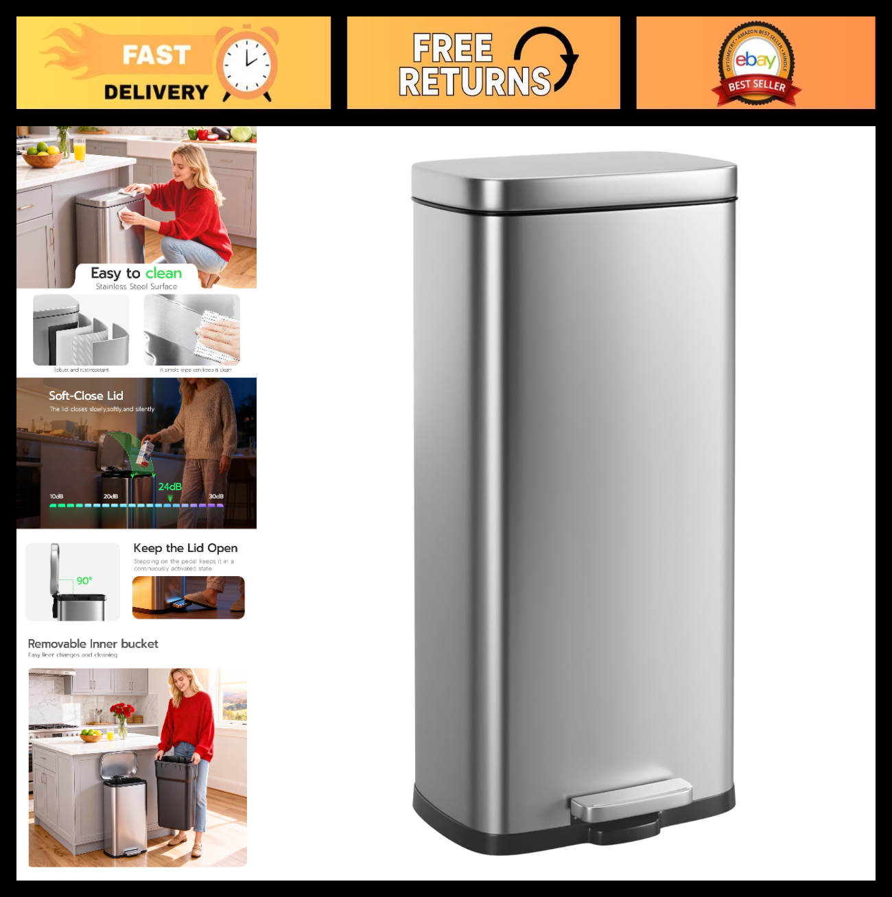 8 Gallon Stainless Steel Trash Can with Lid - Removable Inner Bucket, Foot Pedal0