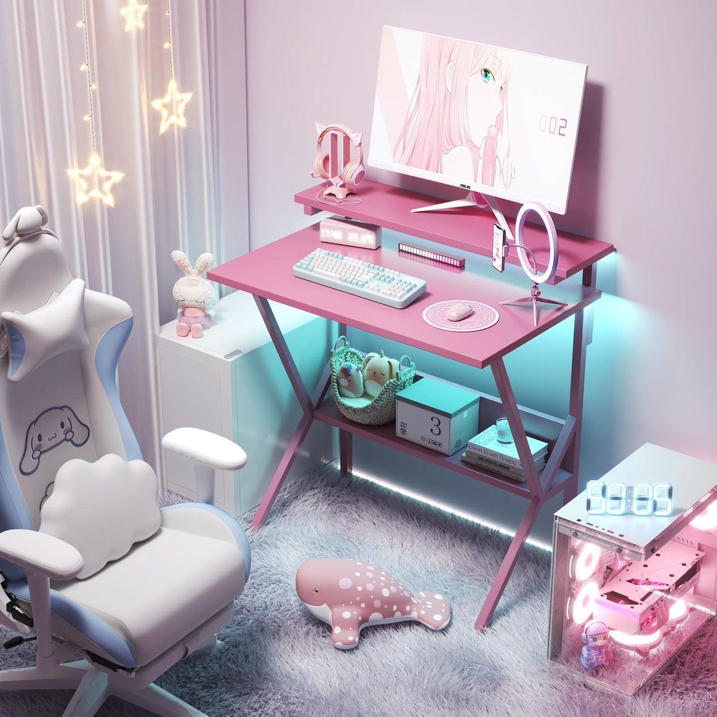 Compact 27.5" Computer Desk with Adjustable Monitor Stand & Storage - Pink Study5