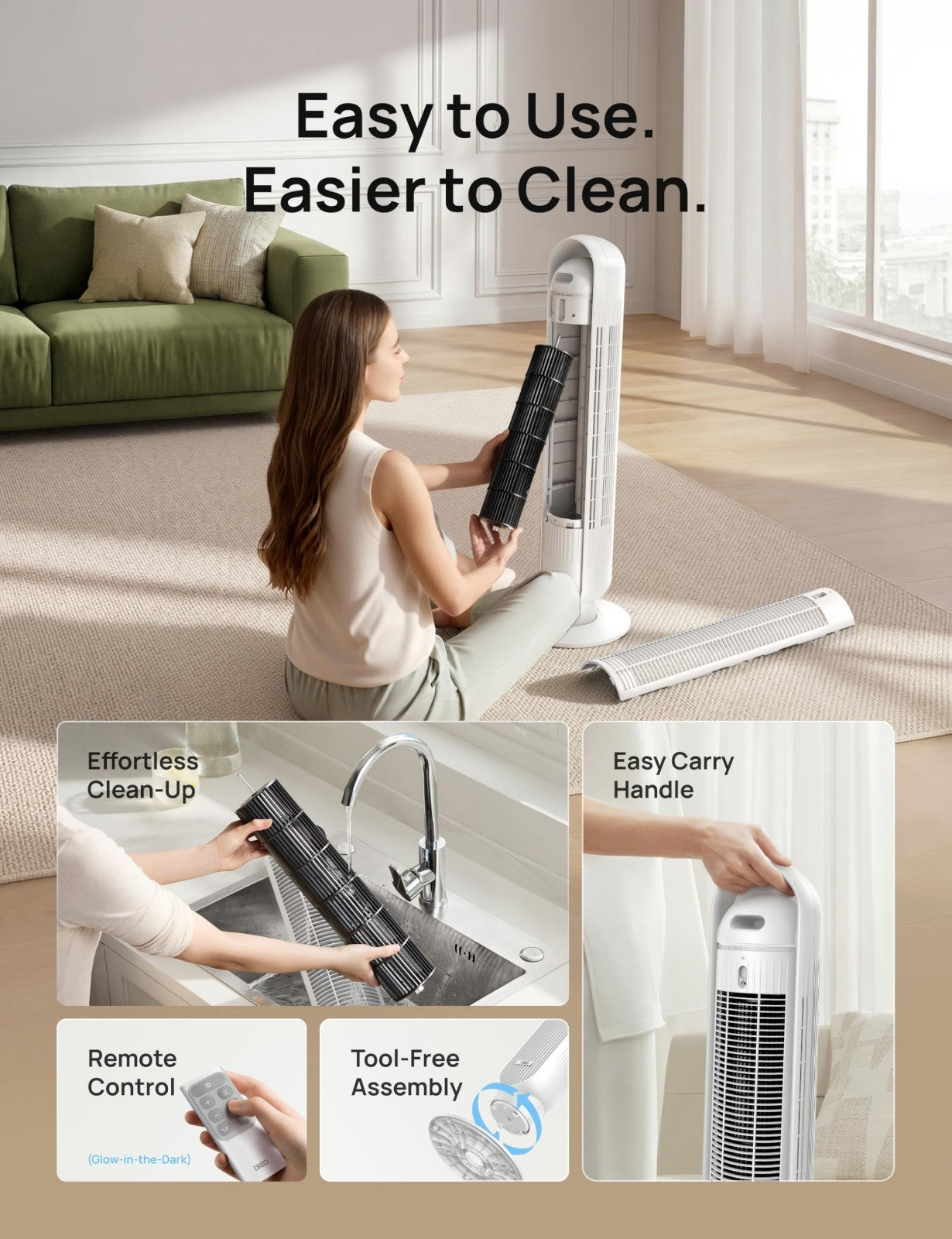 Ultra Quiet Bladeless Tower Fan   28ft/s Speed, 90° Oscillation, 8 Modes, Remote6