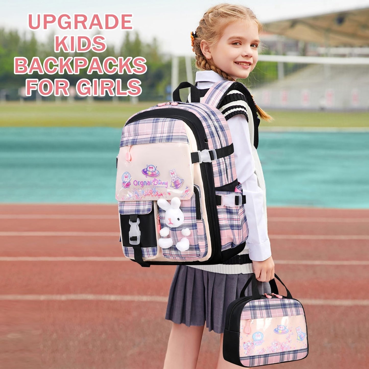 Kawaii Bunny Girls Backpack Set 3PCS   School Bag with Lunch Box & Pencil Case,1