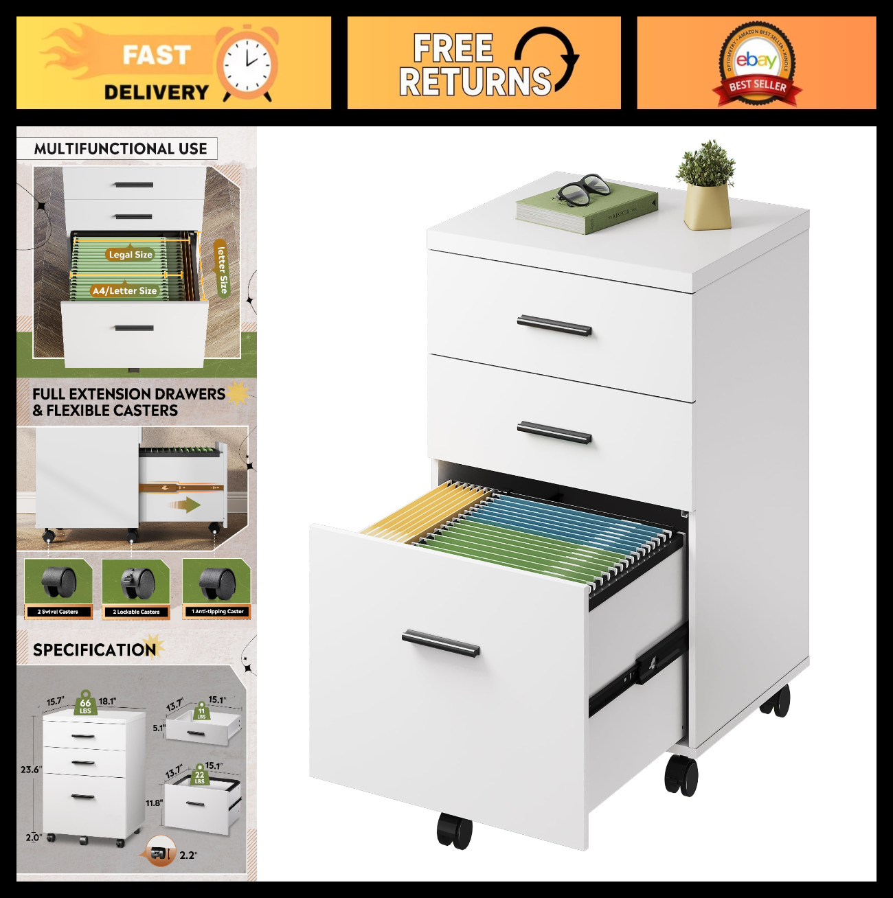 3 Drawer File Cabinet for Home Office   Wood Under Desk Storage, Rolling Printer0