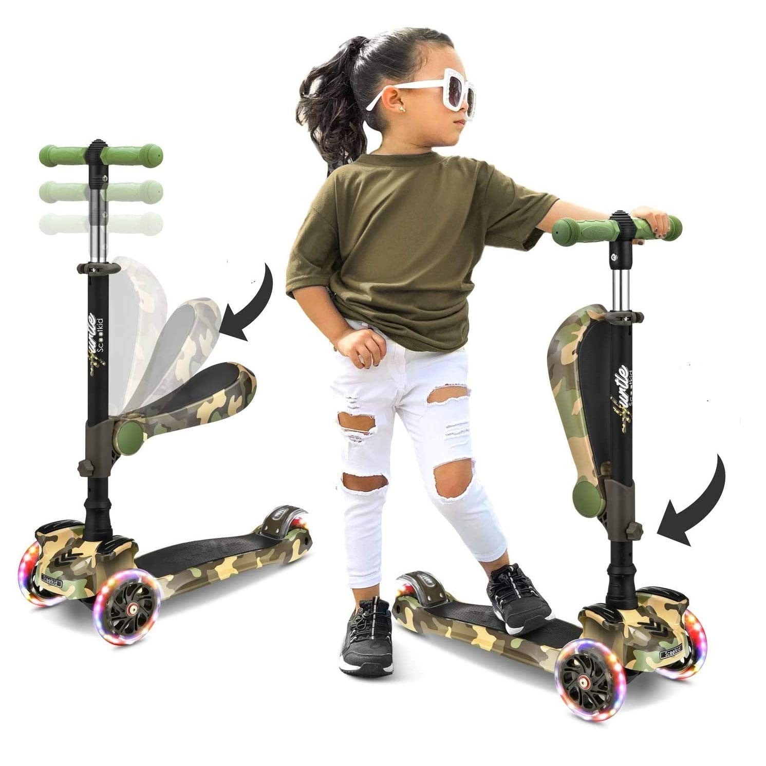 3-Wheeled Kids Scooter with LED Lights, Adjustable Handlebar, Foldable Seat - Si1