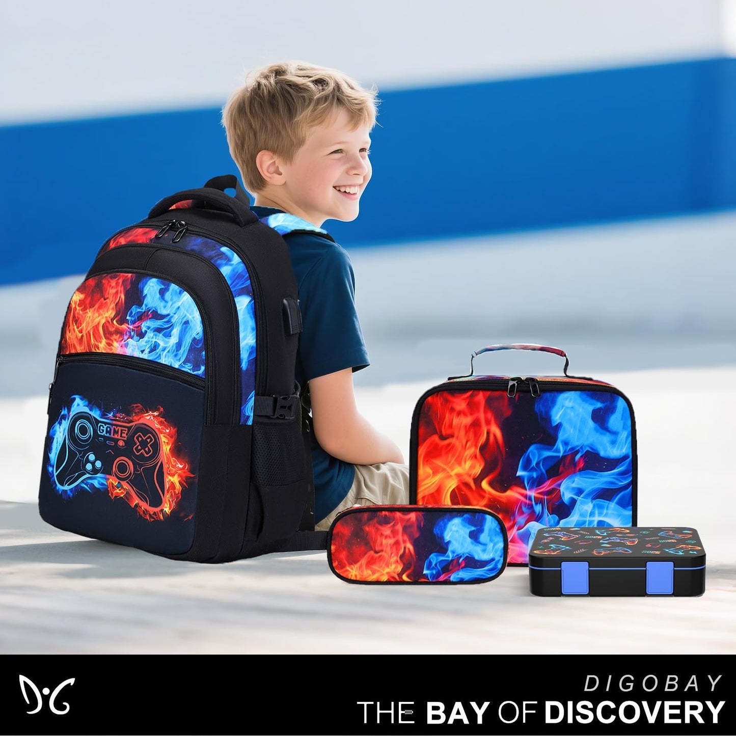 Cool Luminous Gamer Boys Backpack Set   6PCS with Lunch Bag & Pencil Case, Schoo7