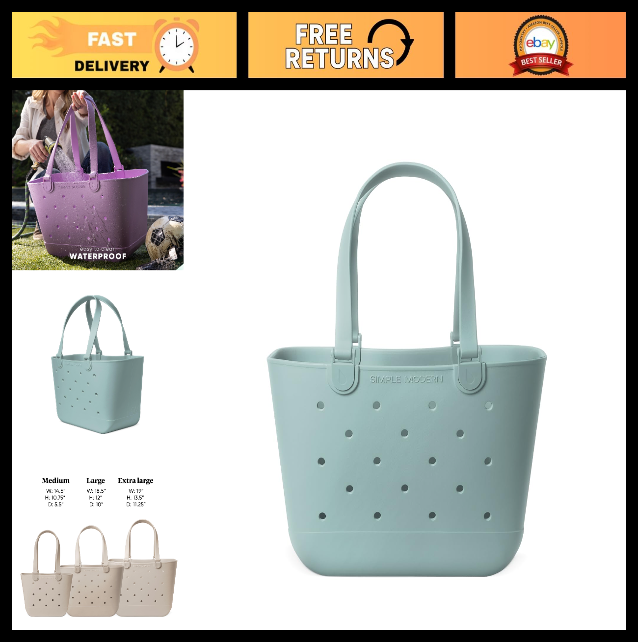 Large Waterproof Beach Tote Bag - Green Getaway Bag with Zipper Pocket, Pool & T0