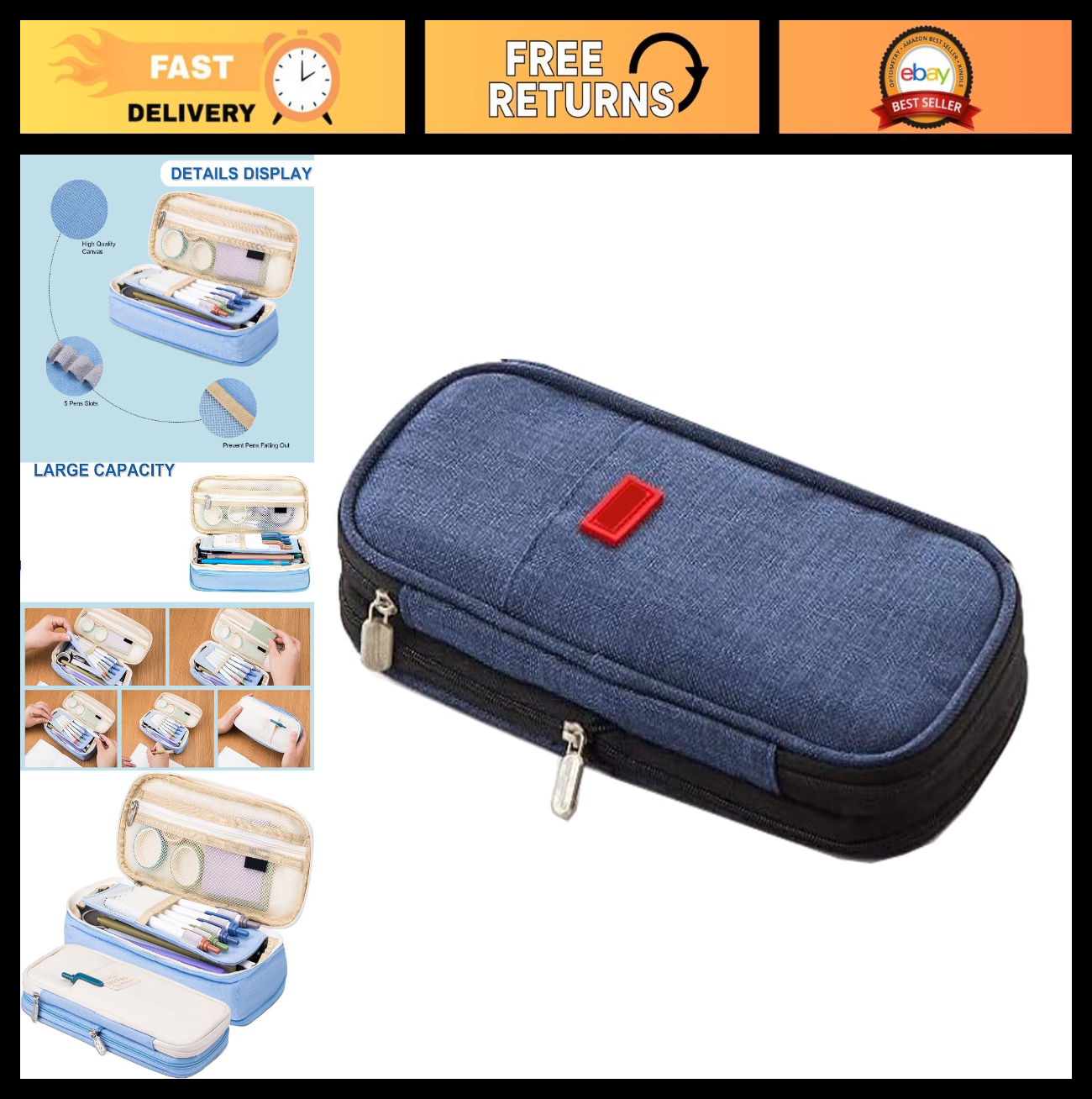 Large Storage Pencil Case Bag   Zippered Organizer Pouch for Office & Travel, Bi0