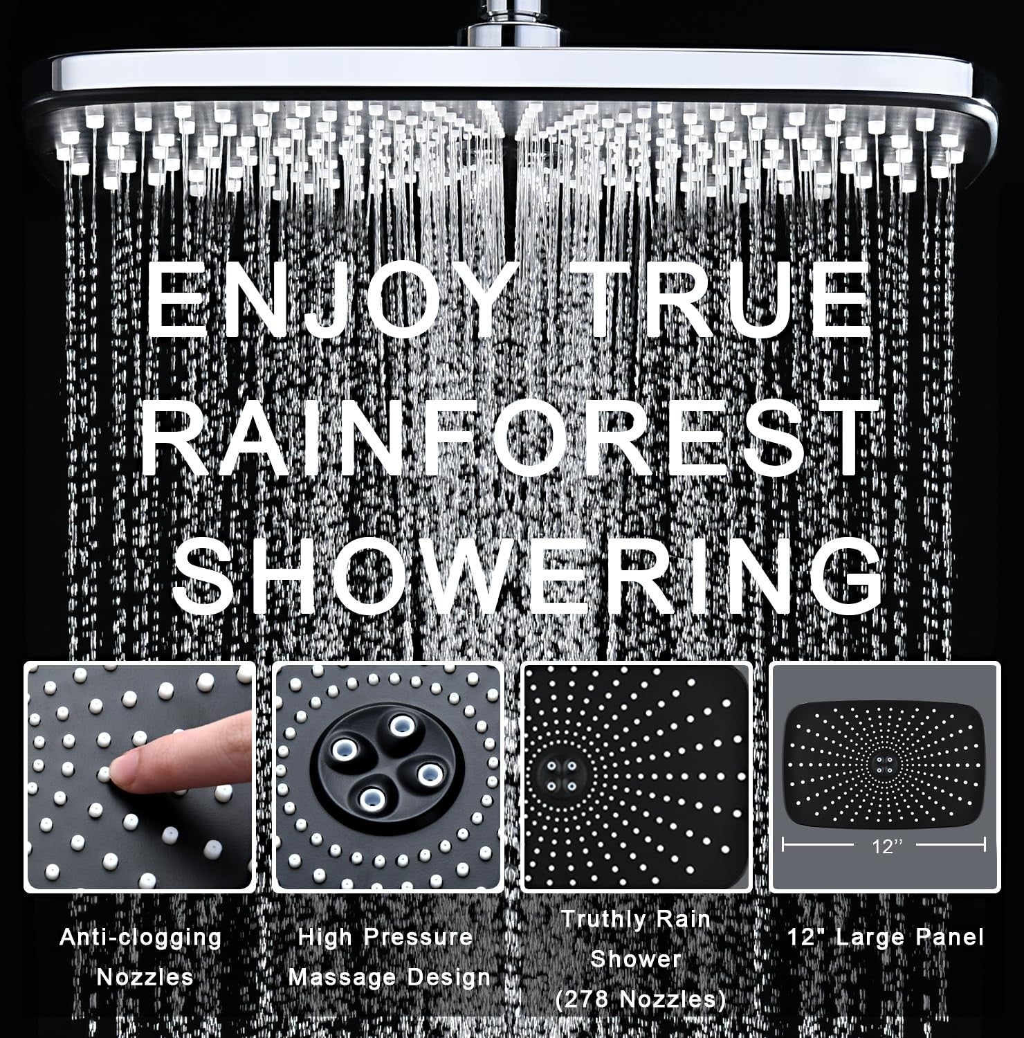12" High Pressure Rain Shower Head & Handheld Combo, 9 Spray Settings, Chrome3