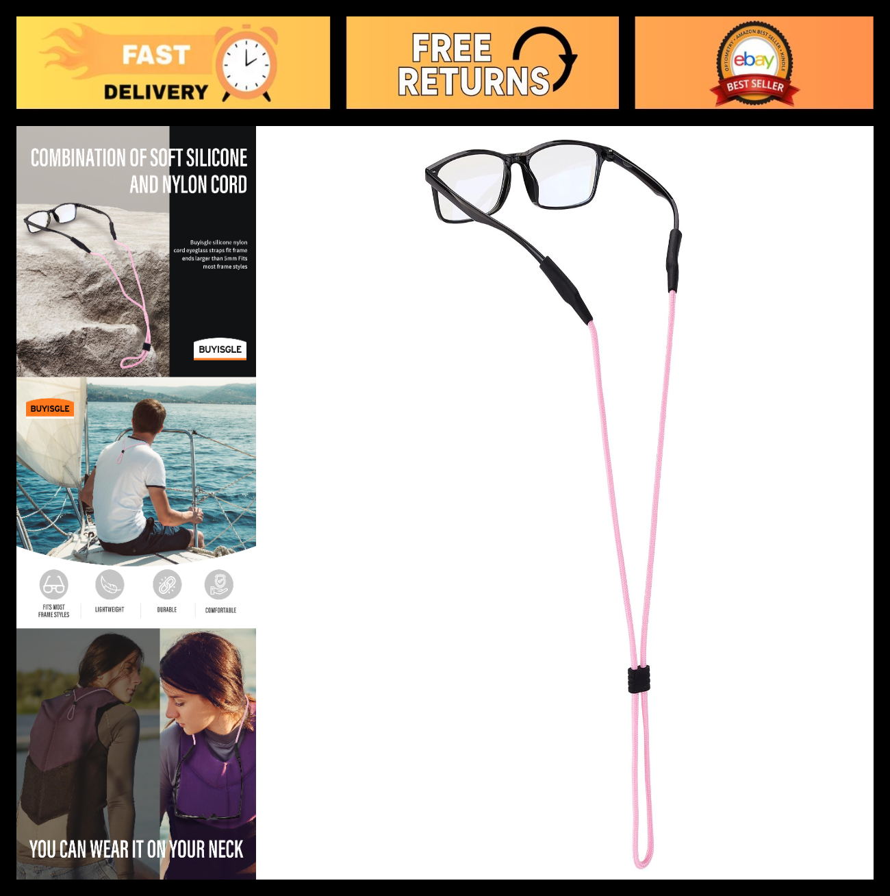 Sunglasses Holder Strap - Eyeglass Neck Lanyard for Men, Women & Kids - Pink Cor0