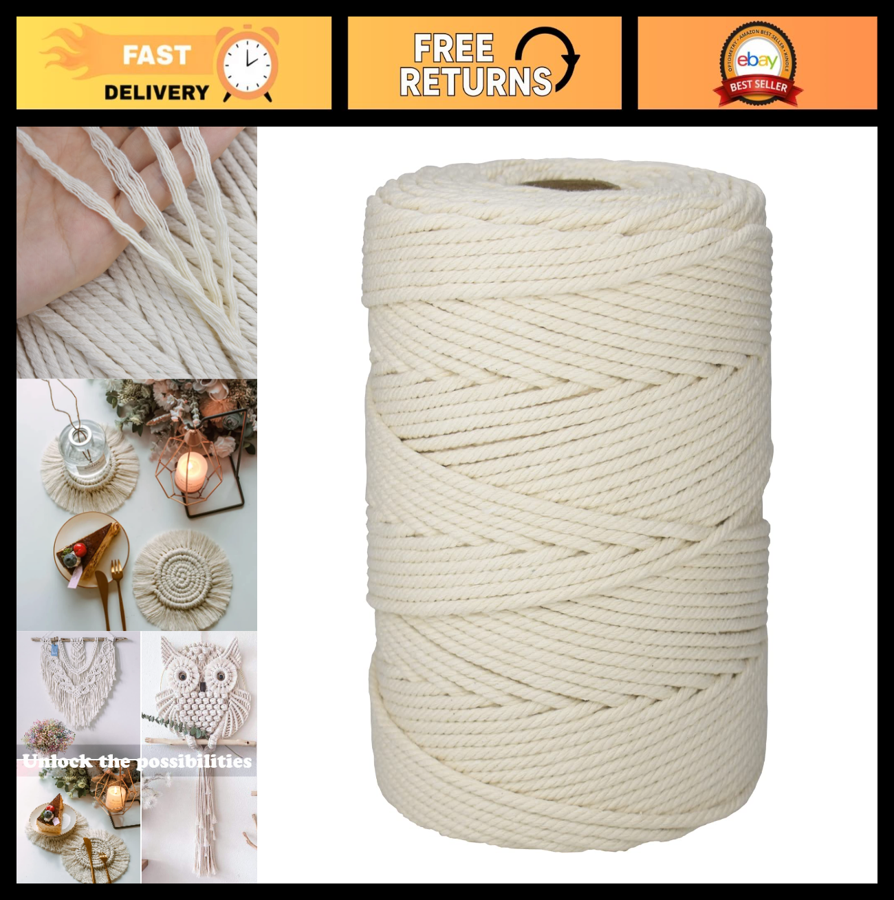 3mm Macrame Cotton Cord 872 Yards - Soft 4 Strand Twisted Natural Fiber for DIY0